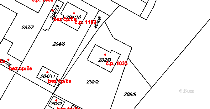 Bolevec 1033, Plzeň na parcele st. 202/9 v KÚ Bolevec, Katastrální mapa