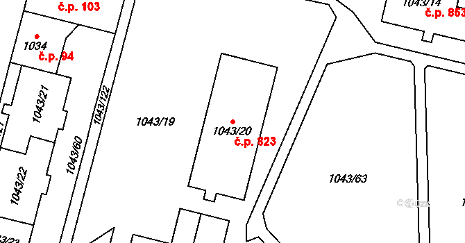 Lobzy 823, Plzeň na parcele st. 1043/20 v KÚ Doubravka, Katastrální mapa