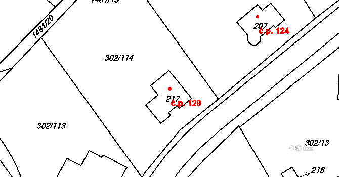 Obora 129 na parcele st. 217 v KÚ Obora u Loun, Katastrální mapa