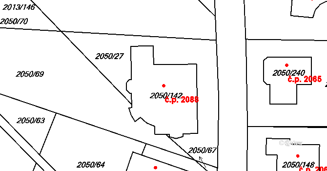 Pelhřimov 2088 na parcele st. 2050/142 v KÚ Pelhřimov, Katastrální mapa