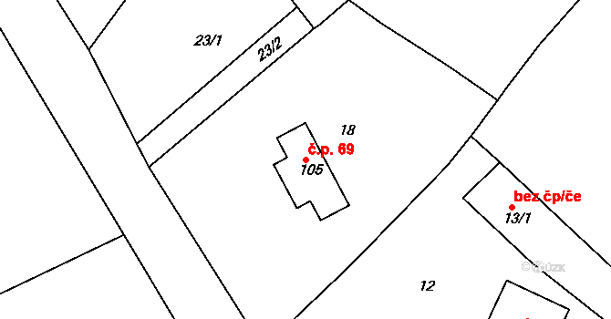Olešnice 69, Okrouhlice na parcele st. 105 v KÚ Olešnice u Okrouhlice, Katastrální mapa