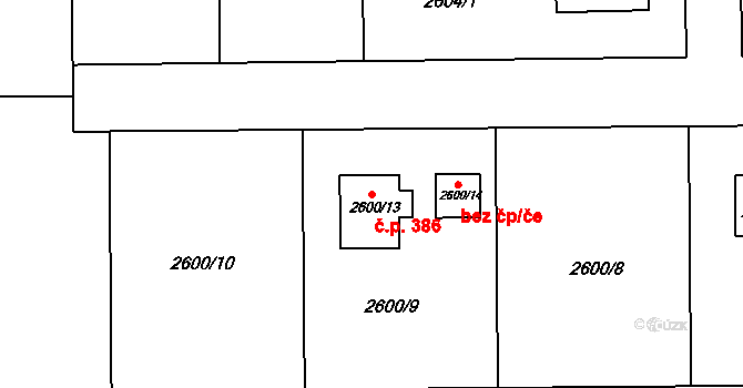 Cihelny 386, Jaroměř na parcele st. 2600/13 v KÚ Jaroměř, Katastrální mapa