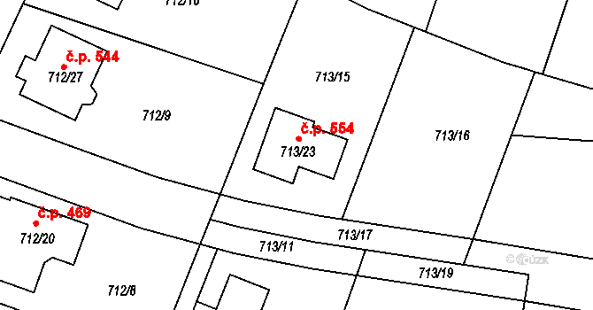 Zruč 554, Zruč-Senec na parcele st. 713/23 v KÚ Zruč, Katastrální mapa