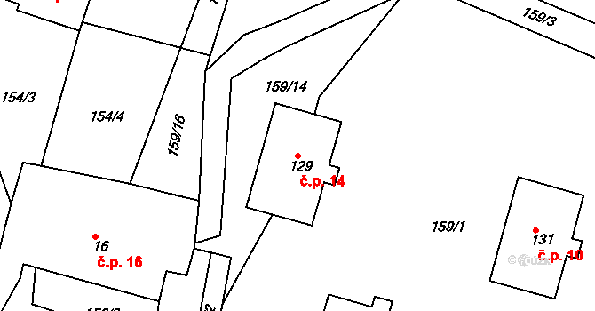 Hošťálkovy 14 na parcele st. 129 v KÚ Hošťálkovy, Katastrální mapa