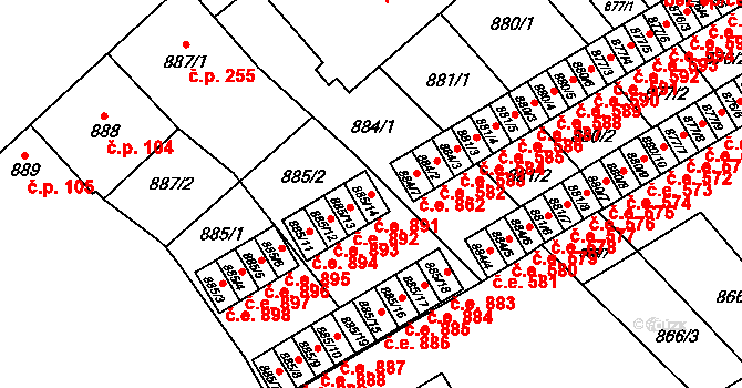 Vyškov-Předměstí 891, Vyškov na parcele st. 885/14 v KÚ Vyškov, Katastrální mapa