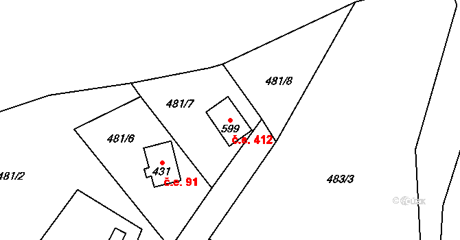 Dřenice 412, Cheb na parcele st. 599 v KÚ Dřenice u Chebu, Katastrální mapa