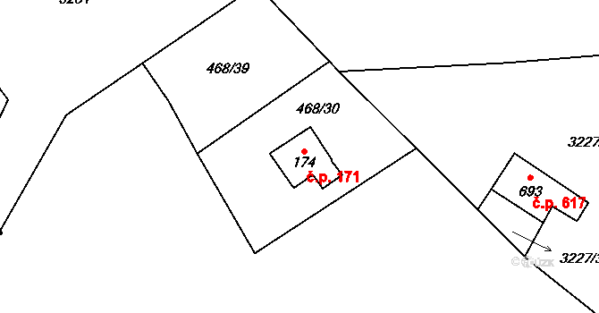 Trojmezí 171, Hranice na parcele st. 174 v KÚ Trojmezí, Katastrální mapa