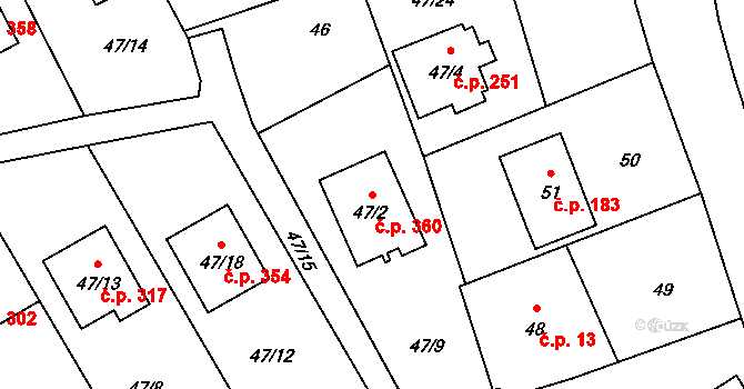 Šilheřovice 360 na parcele st. 47/2 v KÚ Šilheřovice, Katastrální mapa