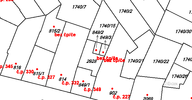 Budějovické Předměstí 1018, Písek na parcele st. 849/2 v KÚ Písek, Katastrální mapa