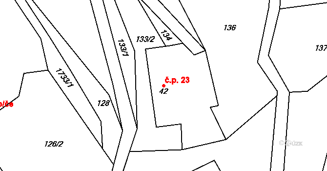 Dolní Jamné 23, Bezvěrov na parcele st. 42 v KÚ Dolní Jamné, Katastrální mapa