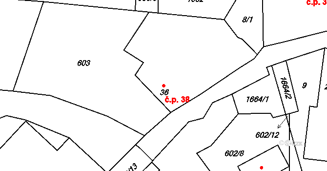 Chotěmice 38 na parcele st. 36 v KÚ Chotěmice, Katastrální mapa