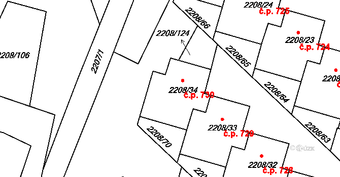 Veselí nad Lužnicí II 730, Veselí nad Lužnicí na parcele st. 2208/34 v KÚ Veselí nad Lužnicí, Katastrální mapa