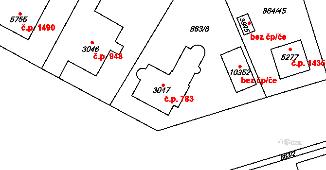 Bílé Předměstí 783, Pardubice na parcele st. 3047 v KÚ Pardubice, Katastrální mapa