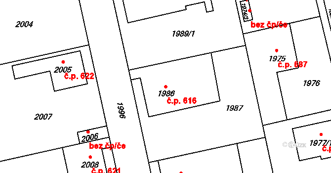 Bludov 616 na parcele st. 1986 v KÚ Bludov, Katastrální mapa