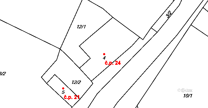 Milčeves 24, Žatec na parcele st. 4 v KÚ Milčeves, Katastrální mapa