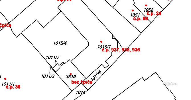 Valtice 935,936,937 na parcele st. 1015/1 v KÚ Valtice, Katastrální mapa