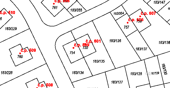 Postřižín 601 na parcele st. 755 v KÚ Postřižín, Katastrální mapa