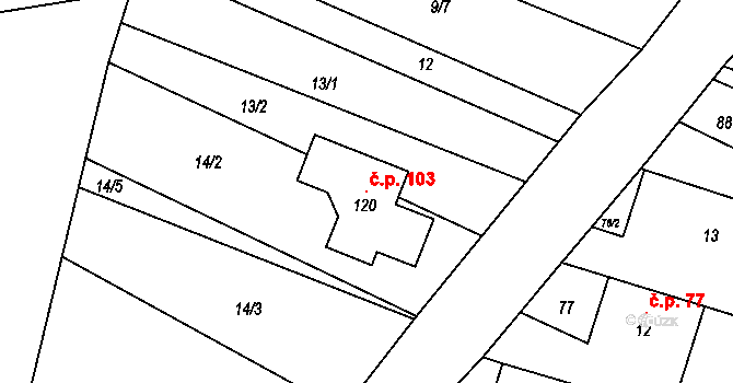 Rudíkovy 103, Třemešná na parcele st. 120 v KÚ Rudíkovy, Katastrální mapa