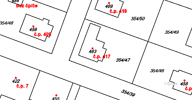 Rožďalovice 417 na parcele st. 463 v KÚ Rožďalovice, Katastrální mapa