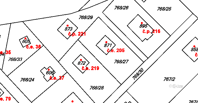 Měchenice 205 na parcele st. 871 v KÚ Měchenice, Katastrální mapa