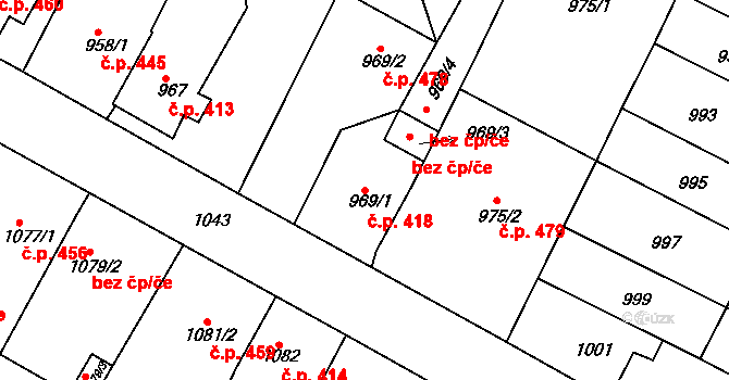 Hrušovany u Brna 418 na parcele st. 969/1 v KÚ Hrušovany u Brna, Katastrální mapa