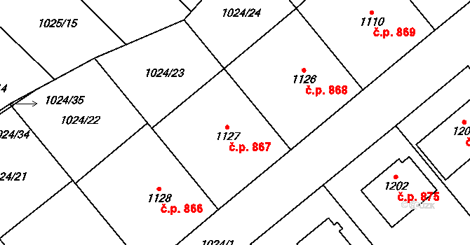 Polná 867 na parcele st. 1127 v KÚ Polná, Katastrální mapa