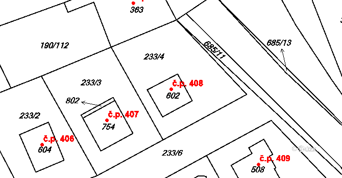 Nechanice 408 na parcele st. 602 v KÚ Nechanice, Katastrální mapa