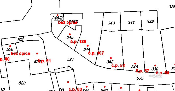 Grygov 107 na parcele st. 344 v KÚ Grygov, Katastrální mapa