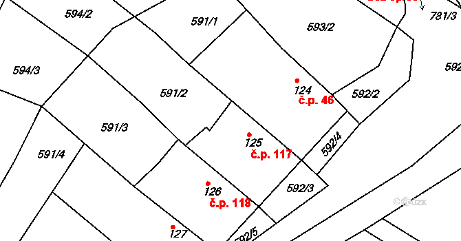 Broumy 117 na parcele st. 125 v KÚ Broumy, Katastrální mapa