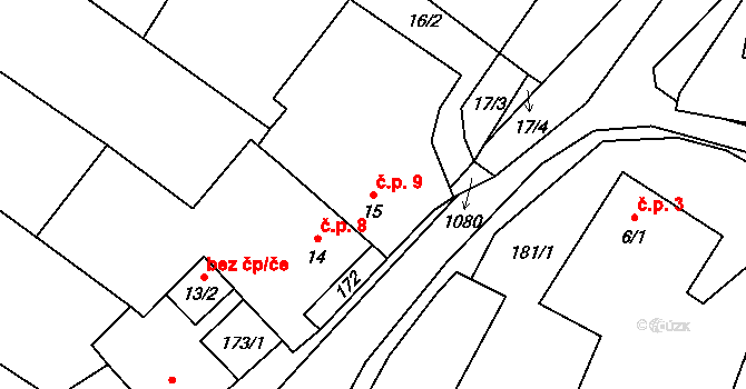 Medvědice 9, Třebenice na parcele st. 15 v KÚ Medvědice, Katastrální mapa