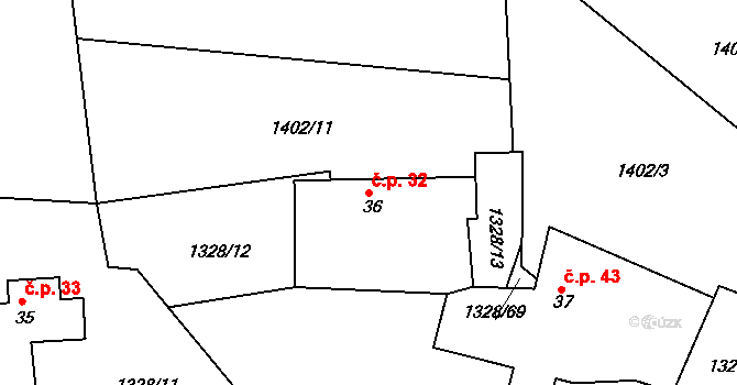 Milešov 32 na parcele st. 36 v KÚ Milešov nad Vltavou, Katastrální mapa
