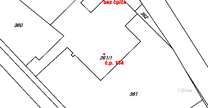 Podklášteří 134, Třebíč na parcele st. 261/1 v KÚ Podklášteří, Katastrální mapa