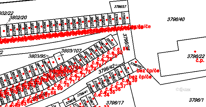 Teplice 79 na parcele st. 3803/39 v KÚ Teplice, Katastrální mapa