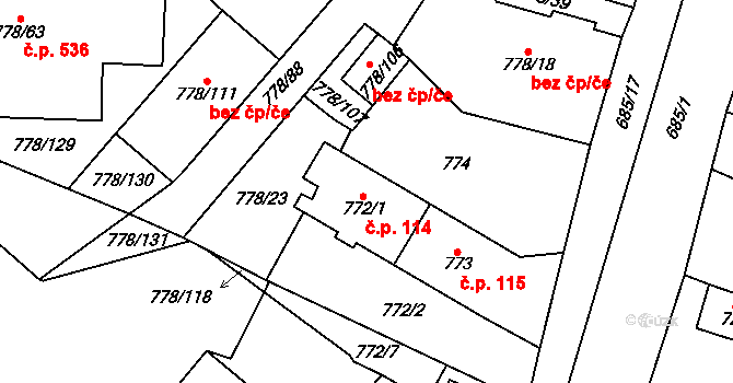 Dolní Rychnov 114 na parcele st. 772/1 v KÚ Dolní Rychnov, Katastrální mapa