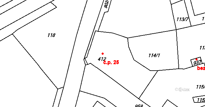 Borohrádek 25 na parcele st. 412 v KÚ Borohrádek, Katastrální mapa
