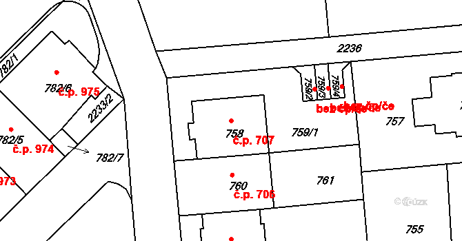 Střešovice 707, Praha na parcele st. 758 v KÚ Střešovice, Katastrální mapa