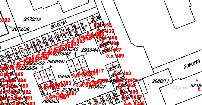 Hodonín 499 na parcele st. 2936/39 v KÚ Hodonín, Katastrální mapa