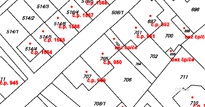 Jirkov 950 na parcele st. 705 v KÚ Jirkov, Katastrální mapa