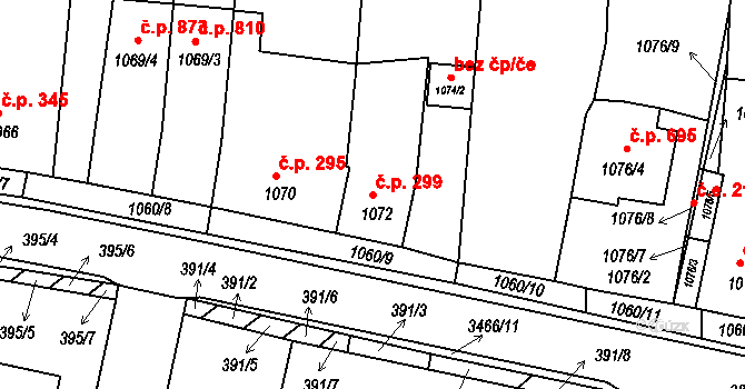 Střelice 299 na parcele st. 1072 v KÚ Střelice u Brna, Katastrální mapa