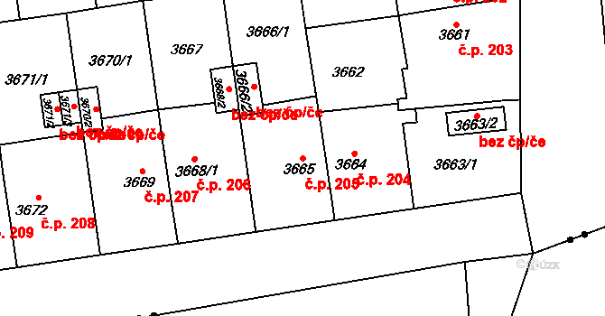 Božkov 205, Plzeň na parcele st. 3665 v KÚ Plzeň, Katastrální mapa