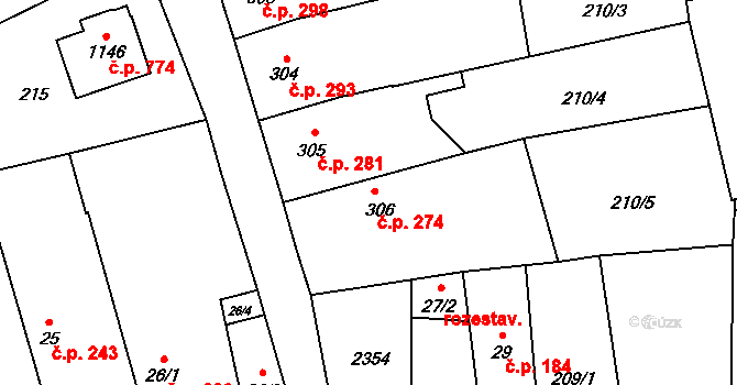 Lišov 274 na parcele st. 306 v KÚ Lišov, Katastrální mapa