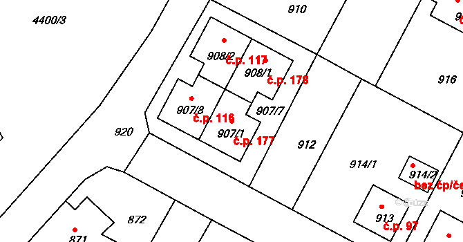 Mimoň V 177, Mimoň na parcele st. 907/1 v KÚ Mimoň, Katastrální mapa