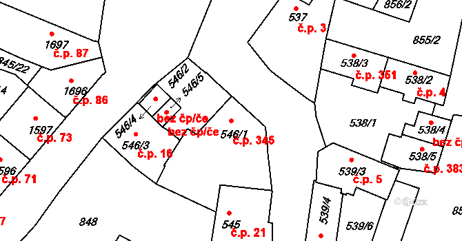 Václavské Předměstí 345, Písek na parcele st. 546/1 v KÚ Písek, Katastrální mapa