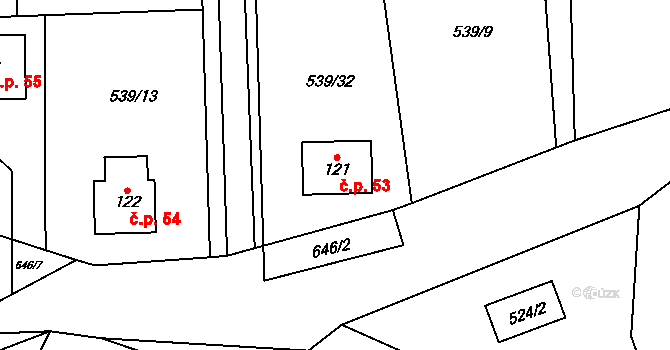 Lážovice 53 na parcele st. 121 v KÚ Lážovice, Katastrální mapa