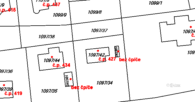 Grygov 427 na parcele st. 1097/42 v KÚ Grygov, Katastrální mapa