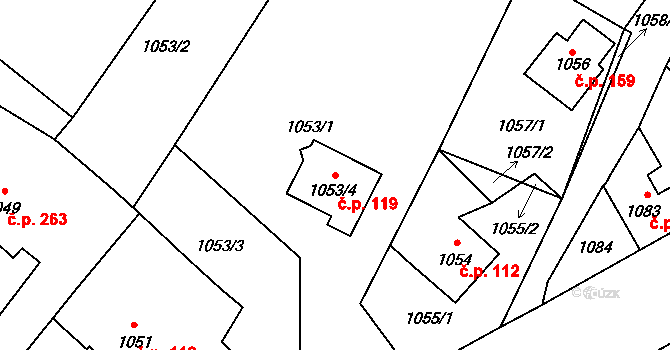 Kopřivnice 119 na parcele st. 1053/4 v KÚ Kopřivnice, Katastrální mapa