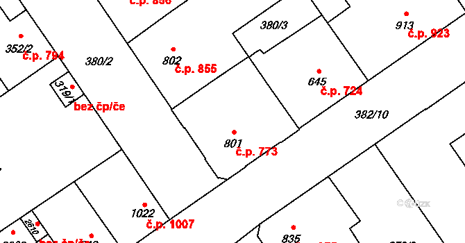 Přívoz 773, Ostrava na parcele st. 801 v KÚ Přívoz, Katastrální mapa