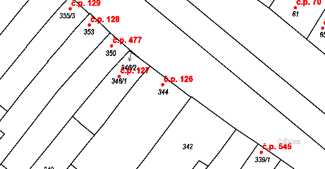 Hluk 126 na parcele st. 344 v KÚ Hluk, Katastrální mapa