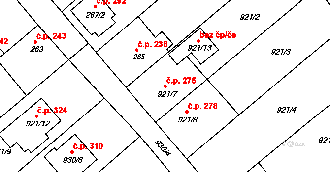 Olomučany 275 na parcele st. 921/7 v KÚ Olomučany, Katastrální mapa