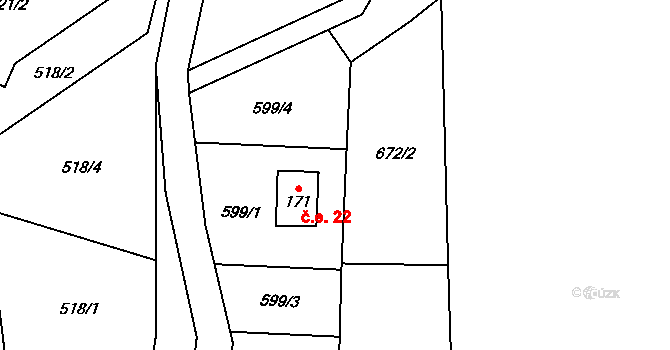 Rejchartice 22 na parcele st. 171 v KÚ Rejchartice u Šumperka, Katastrální mapa